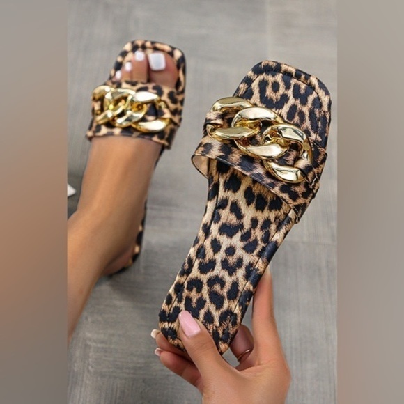 Shoes - Leopard Print Gold Chain Slide Sandals Square Toe Flat Slip-On NWT